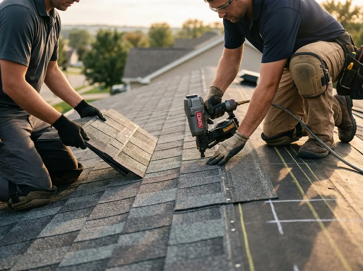 Professional roofer working on a residential roof in Faribault